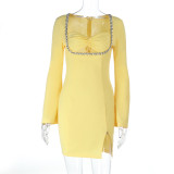 Sparkly Diamonds Square Neck Sexy Long Sleeve Slit Short Dress