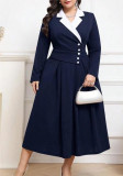Autumn-Winter Women's Color Block Turndown Collar Chic Elegant Plus Size Dress