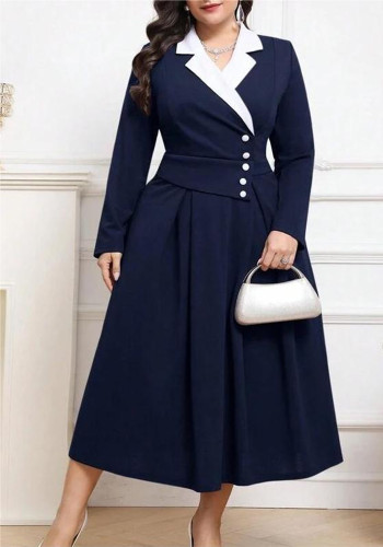 Autumn-Winter Women's Color Block Turndown Collar Chic Elegant Plus Size Dress