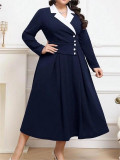 Autumn-Winter Women's Color Block Turndown Collar Chic Elegant Plus Size Dress