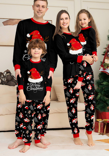 Christmas Family Matching Pajama Set Santa Hat Antlers Letter Print Black Pants Set