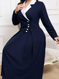 Autumn-Winter Women's Color Block Turndown Collar Chic Elegant Plus Size Dress