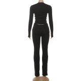 Autumn-Winter Women's Fashion Hollowed Out Buckle Zipper Top and Sexy Slim-Fit Pants Set