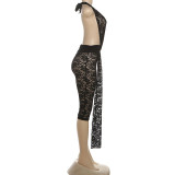 Autumn-Winter Women's Fashion Sexy Lace Halter Neck Low Back Ribbon High-Waist Jumpsuit