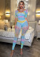 Tie-Dye Lingerie Mesh Sexy Blue Yellow Pink Long Sleeve Low Back Tight Fitting Jumpsuit