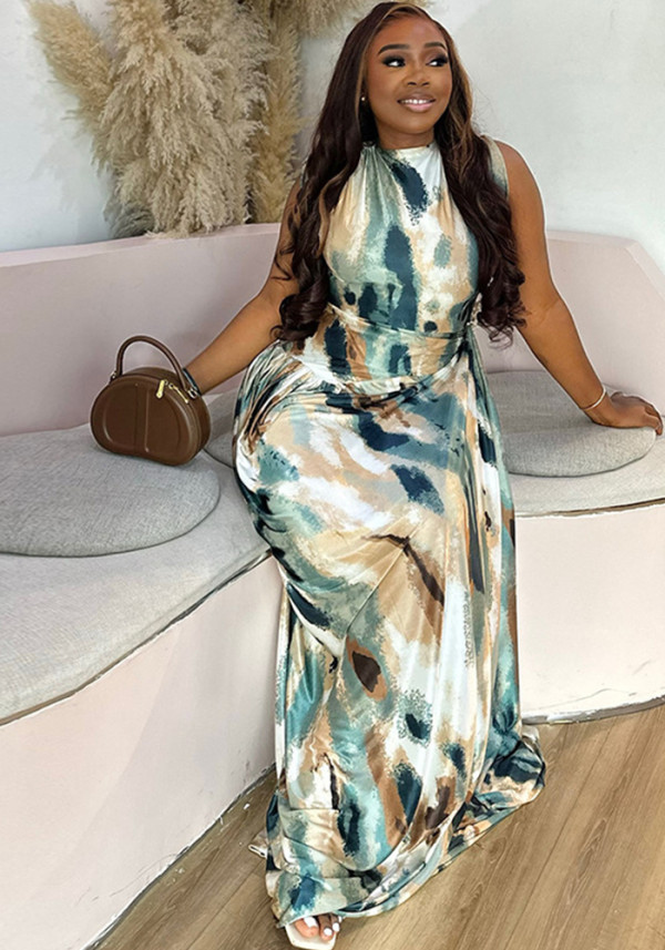 Color Block Print Women's Style Loose Pleated Chic Long Dress