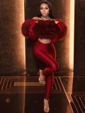 Autumn Solid Off-Shoulder Fuzzy Hollowed Out Sexy High-Waist Long Sleeve Jumpsuit