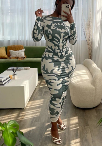 Women Autumn Printed Backless Long-Sleeve Dress