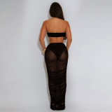 Women Sexy Strapless See-Through Mesh Top and Long Skirt Two-Piece Set