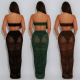 Women Sexy Strapless See-Through Mesh Top and Long Skirt Two-Piece Set