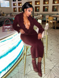 Women Autumn Tassel V-Neck Solid Long-Sleeved Knitting Maxi Dress