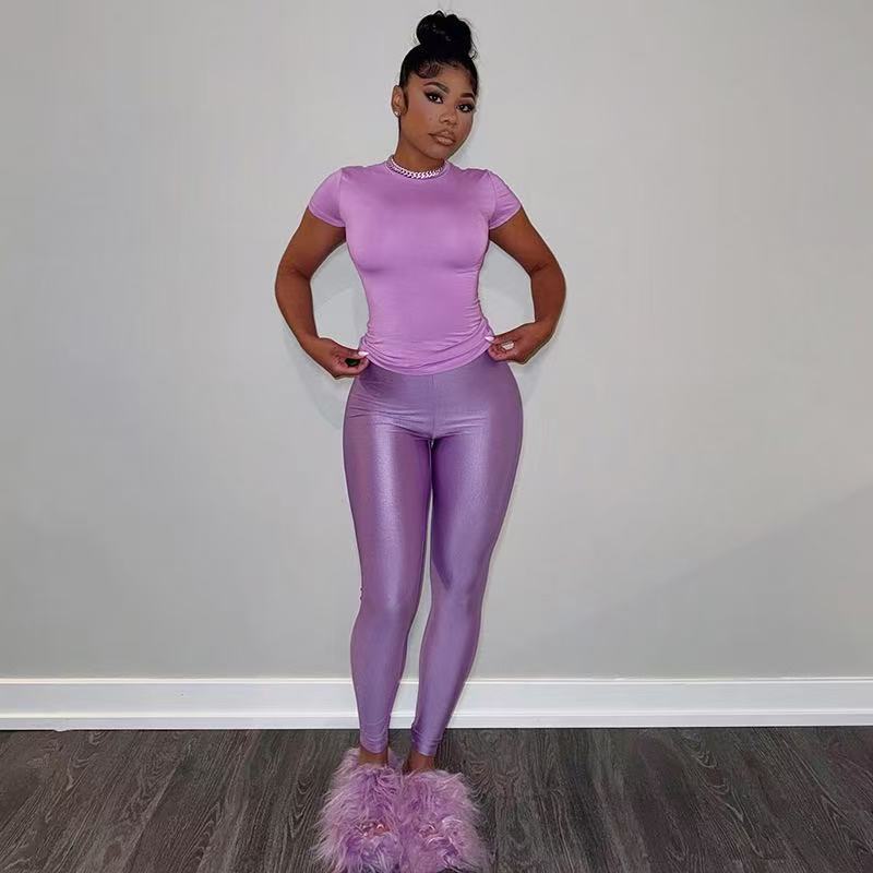 Women Solid Round Neck Short-Sleeve T-Shirt and Pants Two-Piece Set