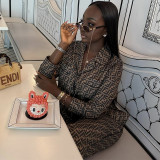 Women Autumn Casual Print Turndown Collar Top and Wide-Leg Pants Two-Piece Set