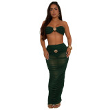 Women Sexy Strapless See-Through Mesh Top and Long Skirt Two-Piece Set
