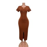 Women Sexy Round Neck Short-Sleeve Bodycon Dress with Gold Metal Buckle Slit Solid Maxi Dress