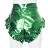 Women Summer Solid Sexy Ruffle Edge Pu Leather Shorts