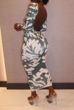 Women Autumn Printed Backless Long-Sleeve Dress