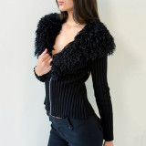 Women Autumn/Winter V-Shaped Fur Collar Patchwork Solid Sweater