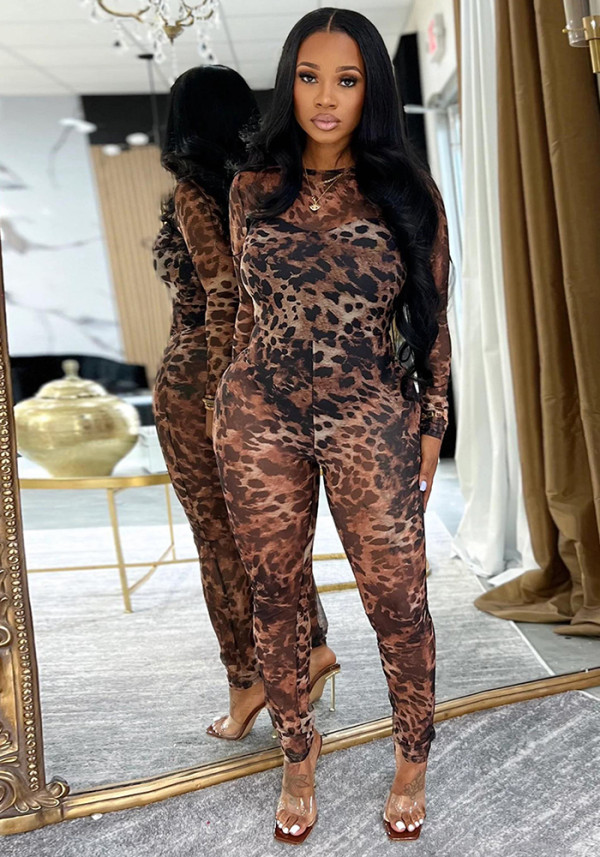Women Sexy Leopard Print Mesh Print See-Through Jumpsuit