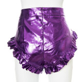 Women Summer Solid Sexy Ruffle Edge Pu Leather Shorts