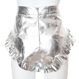 Women Summer Solid Sexy Ruffle Edge Pu Leather Shorts