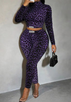 Women Leopard Print Long-Sleeve Top and Pant Two-Piece Set