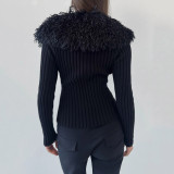 Women Autumn/Winter V-Shaped Fur Collar Patchwork Solid Sweater
