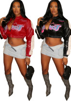 Women Autumn/Winter Ribbed Pu Leather Embroidered Baseball Jacket Women Autumn/Winter Ribbed Pu Leather Embroidered Baseball Jacket