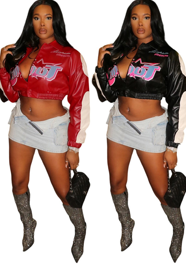 Women Autumn/Winter Ribbed Pu Leather Embroidered Baseball Jacket