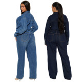 Women Streetchy Long-Sleeved Denim Jumpsuit