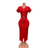 Women Slit Bodycon Dress with Metal Buckle V-Neck Short-Sleeve Dress