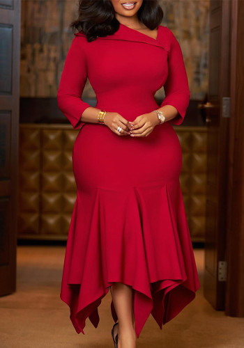 Women Elegant Slash Shoulder Three-Quarter Sleeve Irregular Dress