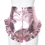 Women Summer Solid Sexy Ruffle Edge Pu Leather Shorts