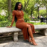 Women Slit Bodycon Dress with Metal Buckle V-Neck Short-Sleeve Dress