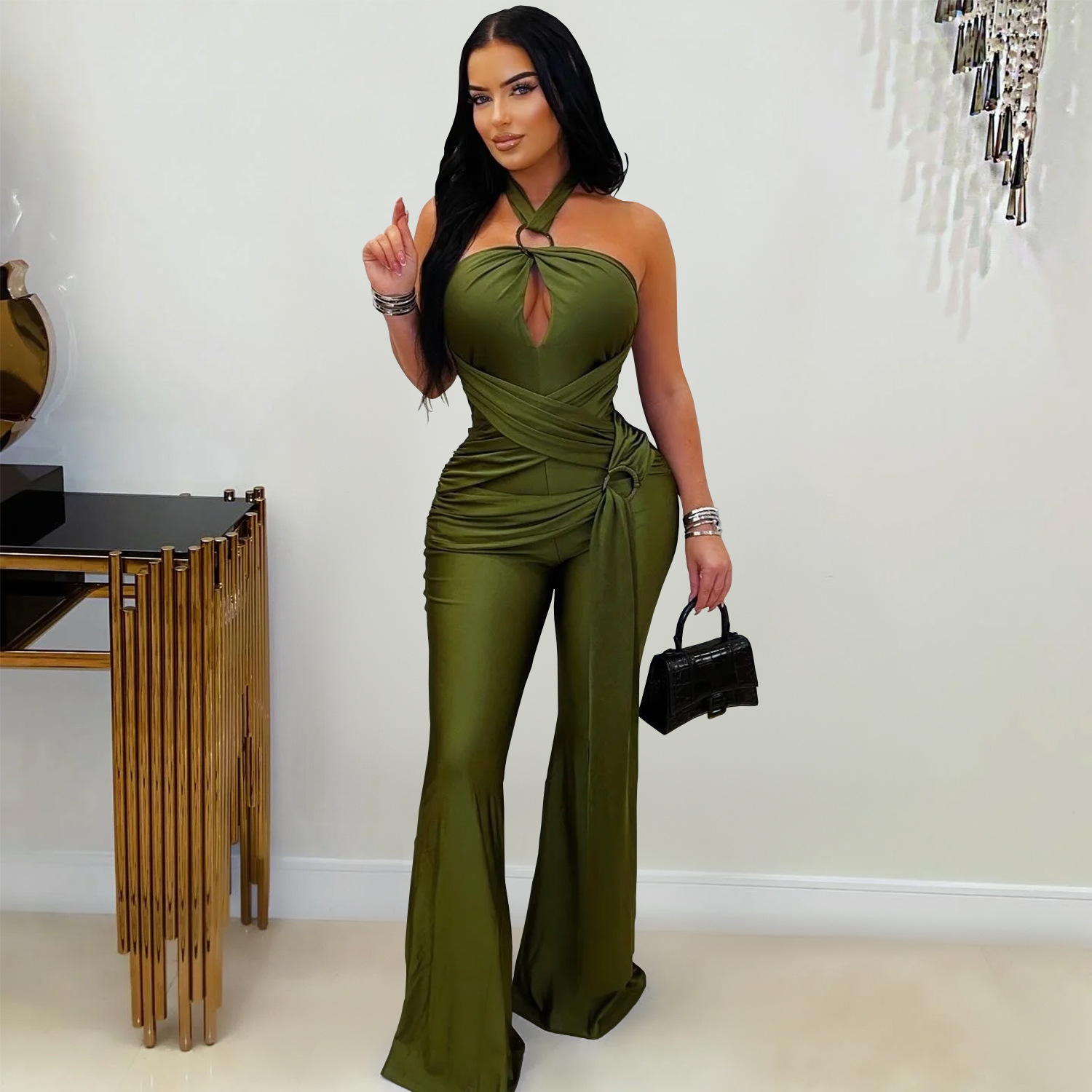 Solid Halter Neck Wide-Leg Jumpsuit for Casual Events
