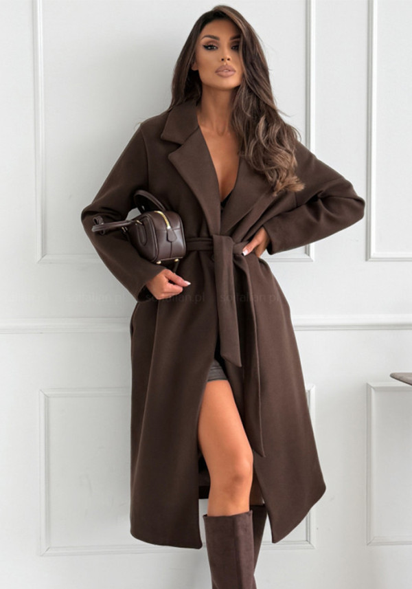 Women Autumn/Winter Turndown Collar Long-Sleeved Tie-Up Solid Jacket