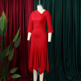 Women Elegant Slash Shoulder Three-Quarter Sleeve Irregular Dress