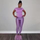 Women Solid Round Neck Short-Sleeve T-Shirt and Pants Two-Piece Set