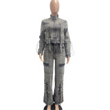 Women's Fashion Sexy Multi-Pocket Washed Denim Casual Top Pants Two-Piece Set