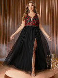Plus Size Women Prom Embroidered Mesh Patchwork Evening Dress