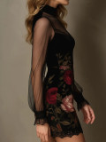 Women Sexy Lace Patchwork Floral Print Mesh Bodycon Dress