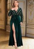 Women V-Neck Sequined Patchwork Velvet Prom Evening Dress