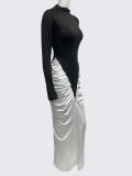 Women Autumn Pleated Color-Blocked Long-Sleeved Bodycon Dress