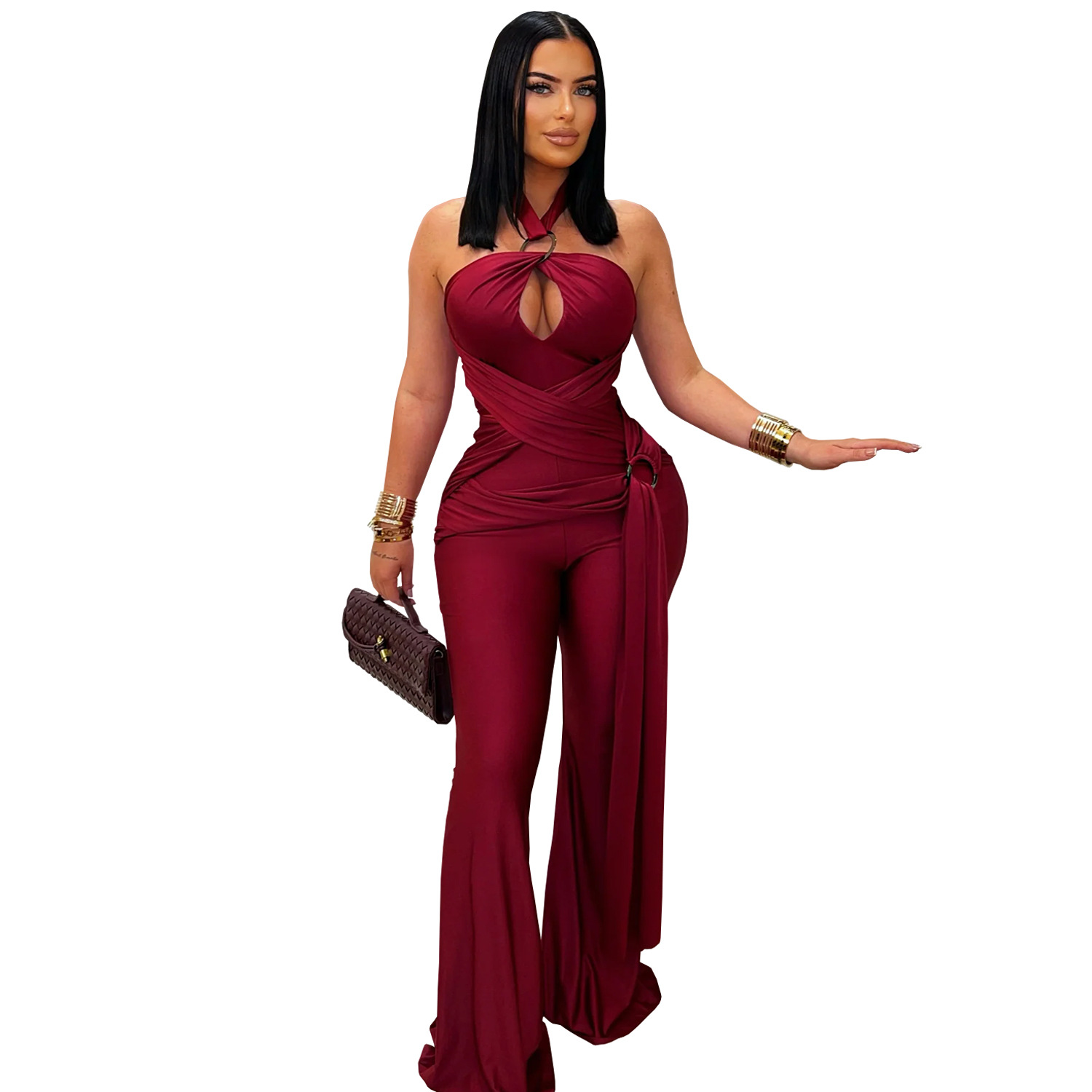 Solid Halter Neck Wide-Leg Jumpsuit for Casual Events