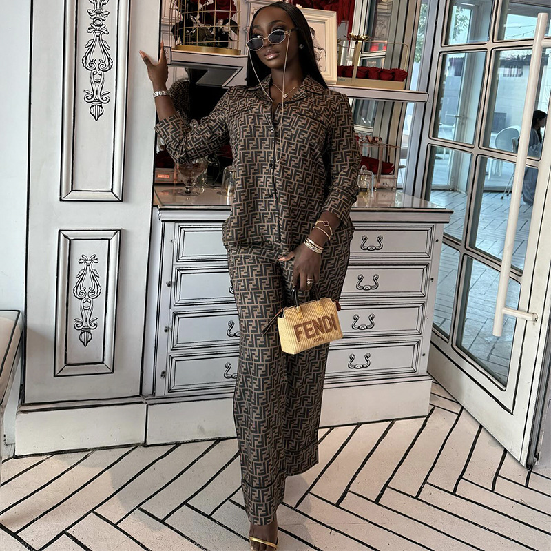 Women Autumn Casual Print Turndown Collar Top and Wide-Leg Pants Two-Piece Set