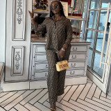 Women Autumn Casual Print Turndown Collar Top and Wide-Leg Pants Two-Piece Set