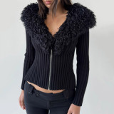 Women Autumn/Winter V-Shaped Fur Collar Patchwork Solid Sweater