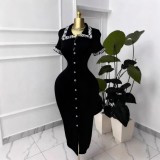 Women Color Block Lace Turndown Collar Knitting Bodycon Dress