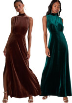 Women Stand Collar Sleeveless Slit Party Solid Maxi Dress