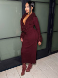 Women Autumn Tassel V-Neck Solid Long-Sleeved Knitting Maxi Dress